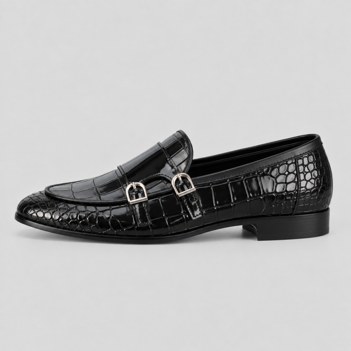 Men’s Black Croc-Embossed Leather Monk Loafers