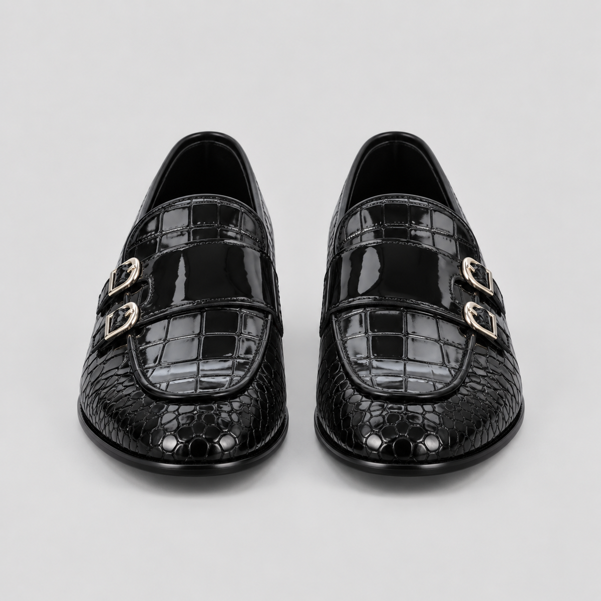 Men’s Black Croc-Embossed Leather Monk Loafers