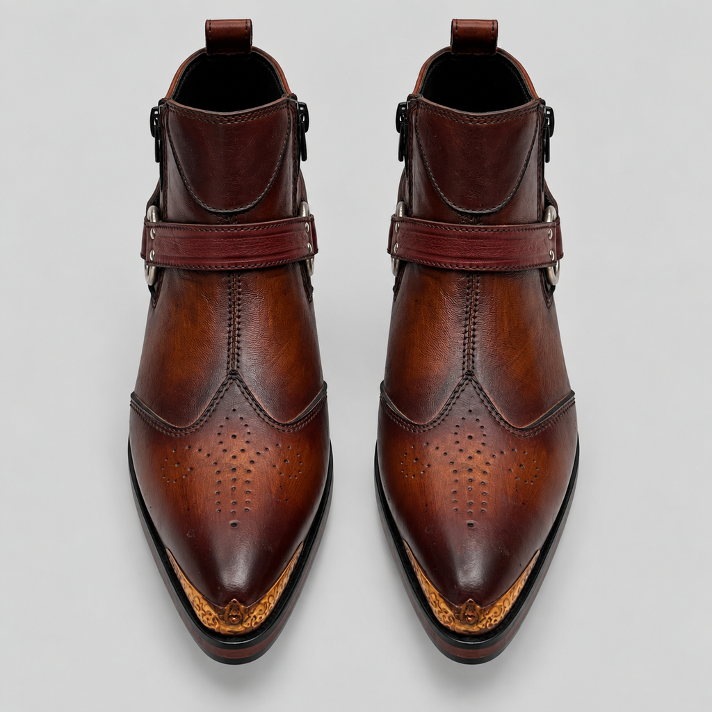 Men’s Luxury Brown Leather Harness Ankle Boots