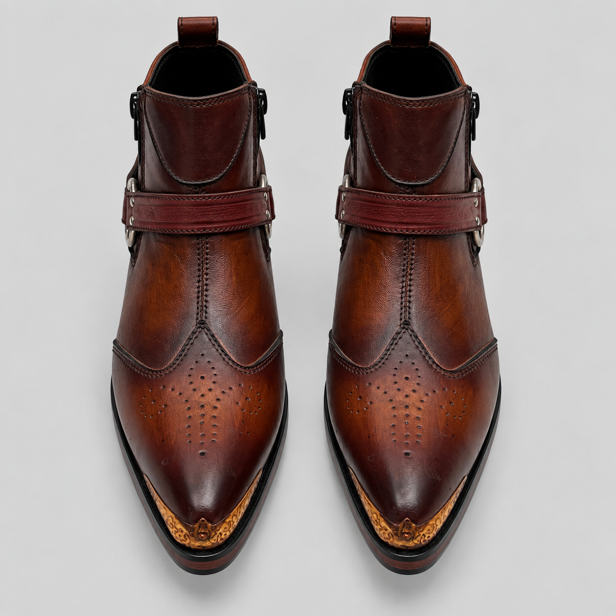 Men’s Luxury Brown Leather Harness Ankle Boots