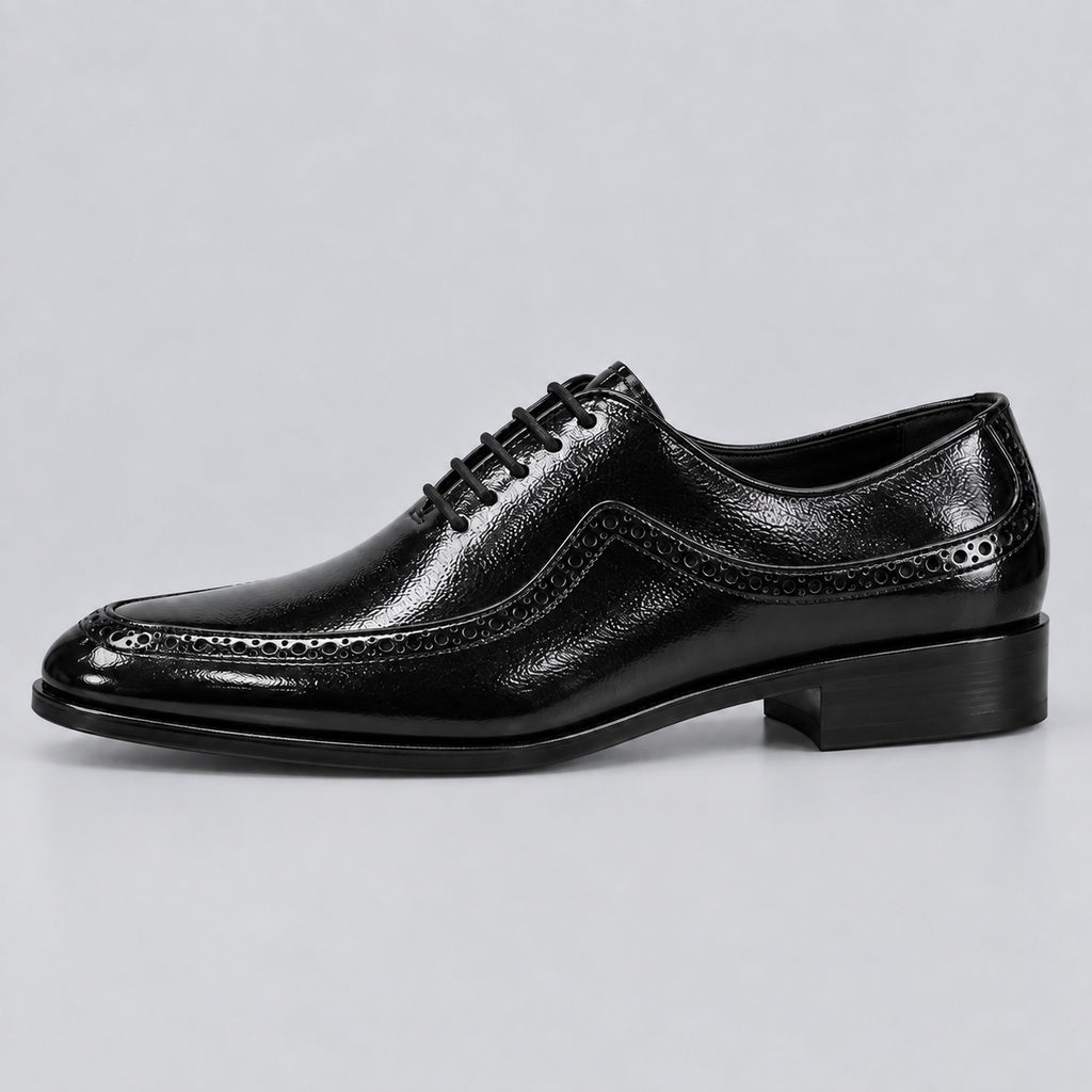 Men’s Black Glossy Leather Brogue Wingtip Oxford Shoes