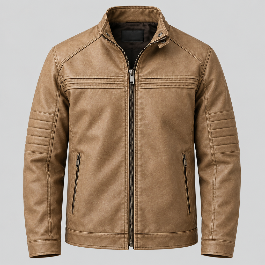 Men's Tan Leather  Jacket Slim Fit Snap-Collar Moto Coat