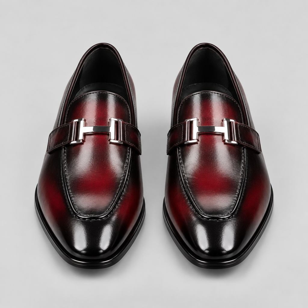 Men's Burgundy & Black Burnished Leather Horsebit Loafers