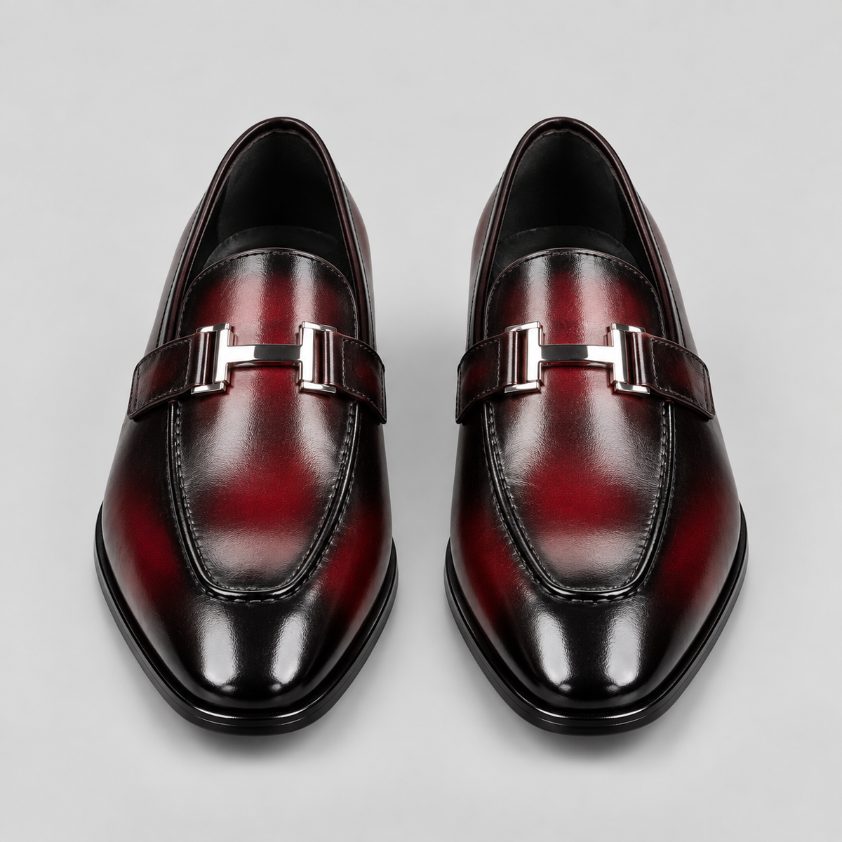 Men's Burgundy & Black Burnished Leather Horsebit Loafers