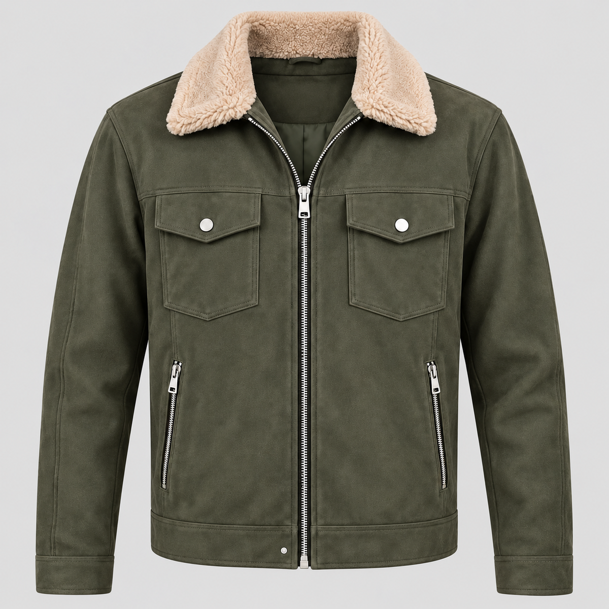 Men’s Olive Green Suede-Style Sherpa Collar Jacket Zip-Up Trucker Jacket