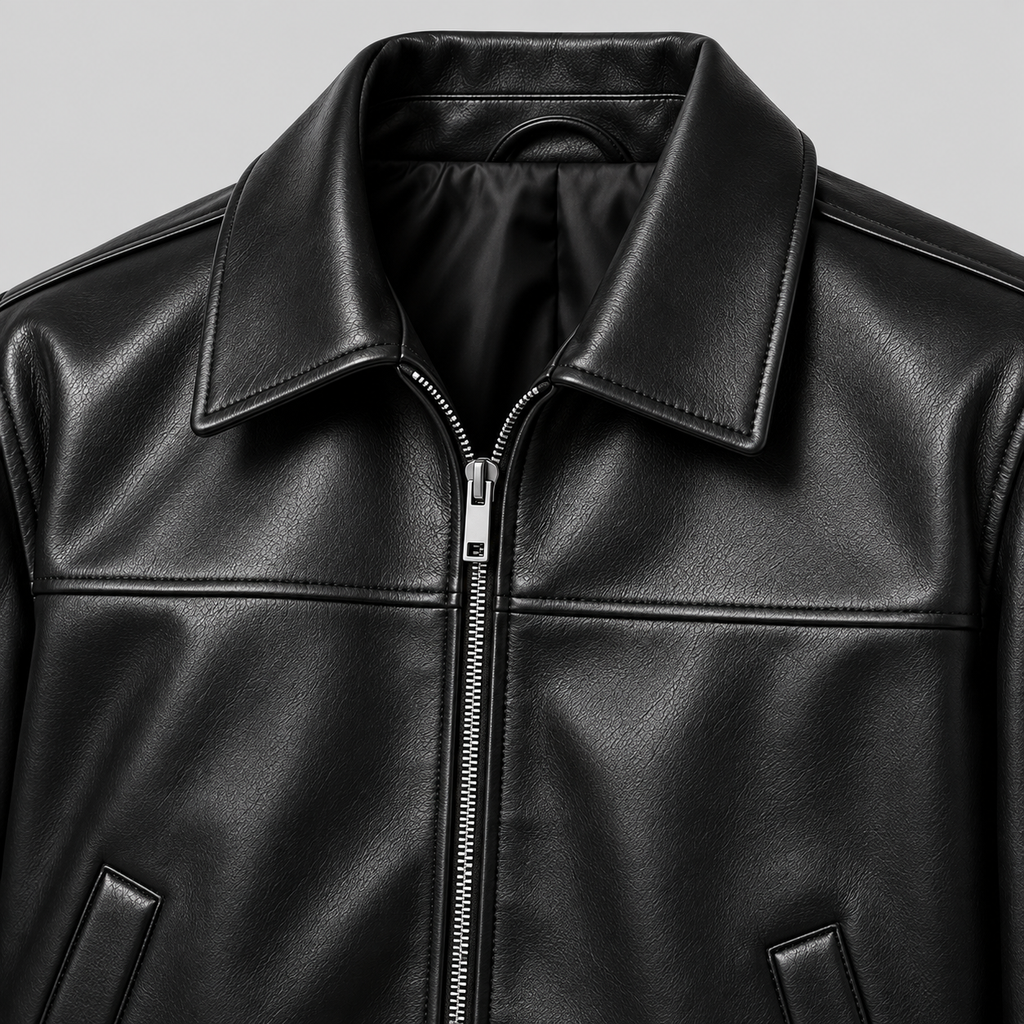 Men’s Black Leather Blouson Jacket Classic Zip-Front Bomber