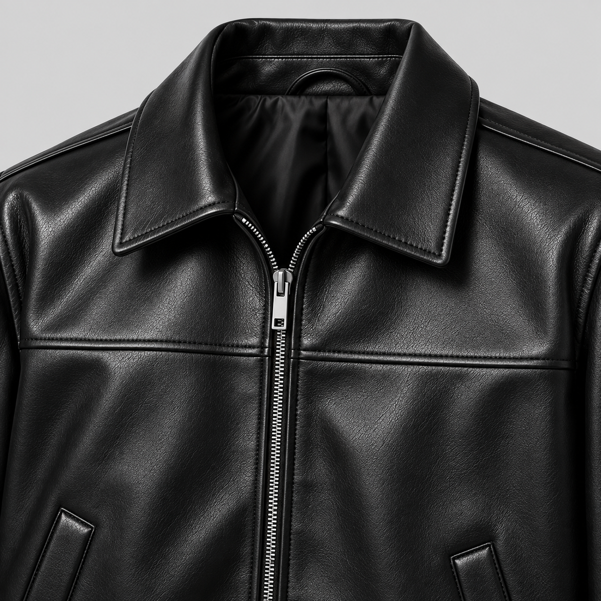 Men’s Black Leather Blouson Jacket Classic Zip-Front Bomber