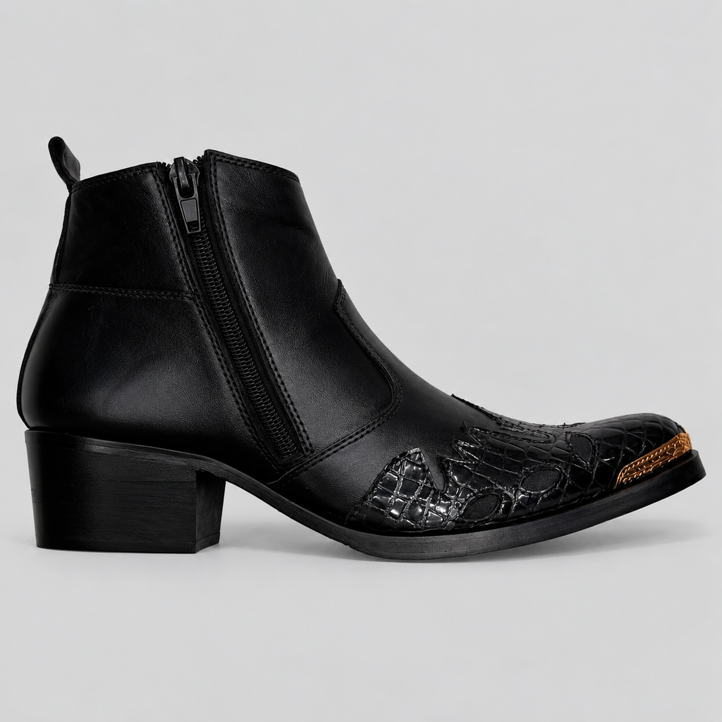 Men’s Black Leather Ankle Boots with Crocodile Texture