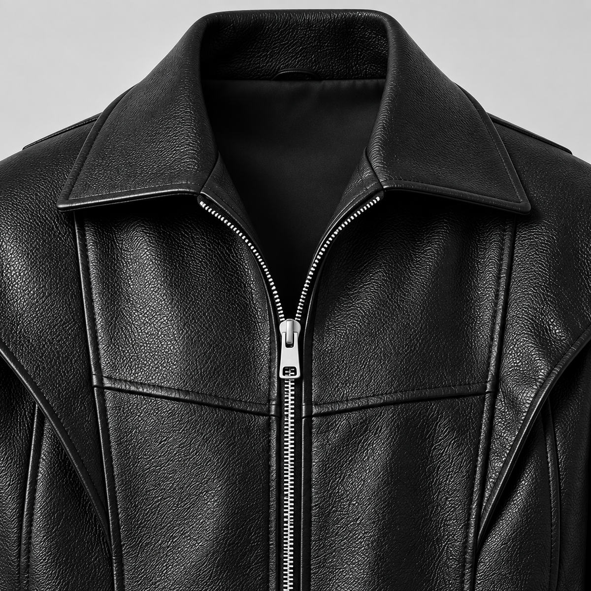 Men’s Black Leather Panelled Jacket Classic Zip-Up Smart Casual Coat
