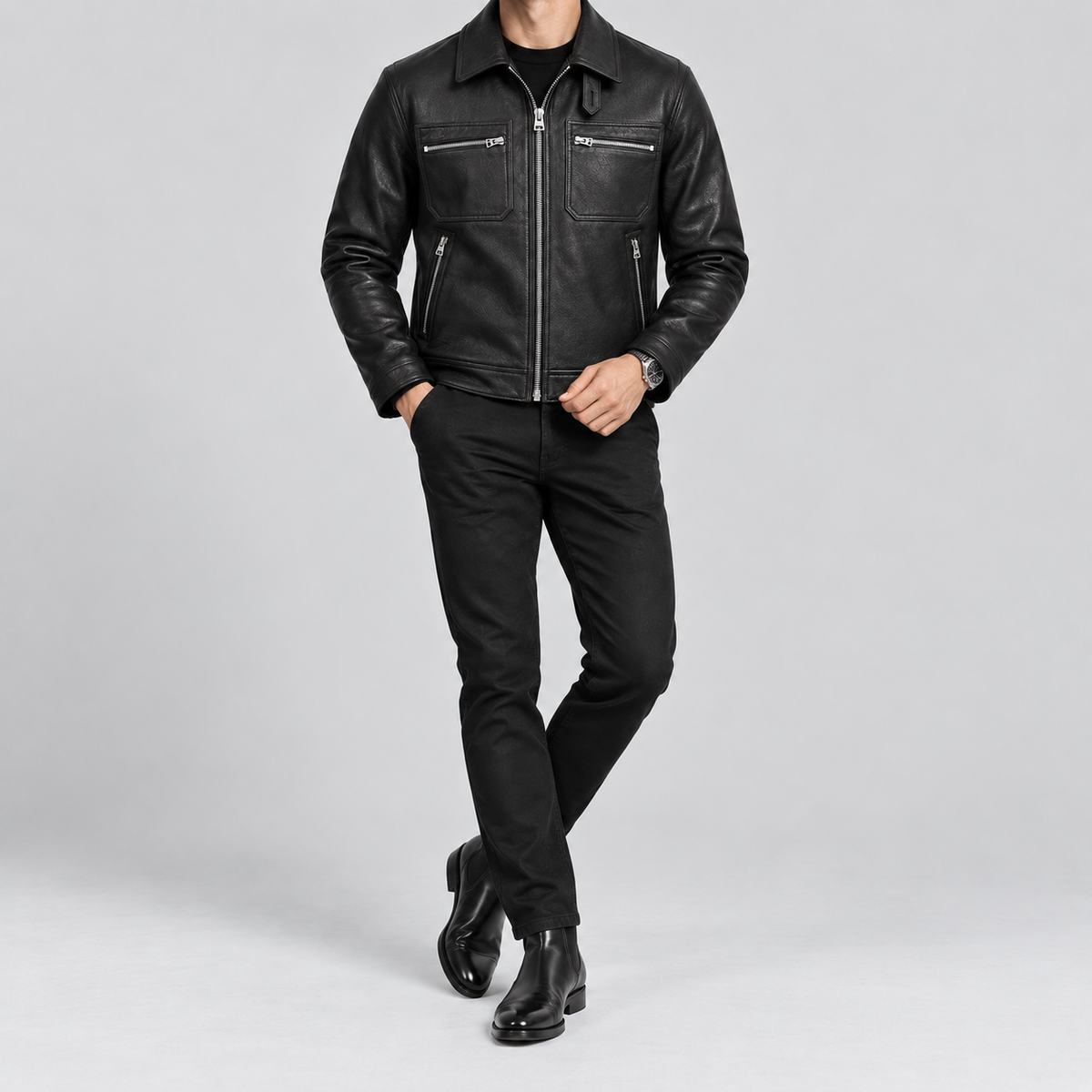 Men’s Black Leather Field Jacket Smart Casual Zip-Up Coat