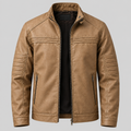 Men's Tan Leather  Jacket Slim Fit Snap-Collar Moto Coat