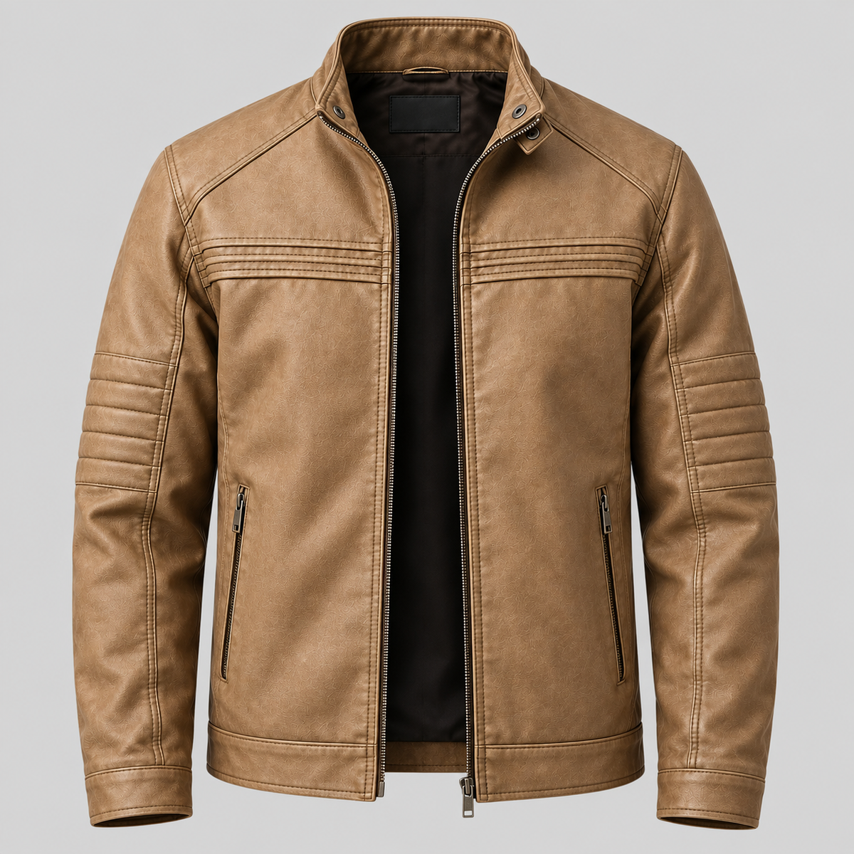 Men's Tan Leather  Jacket Slim Fit Snap-Collar Moto Coat