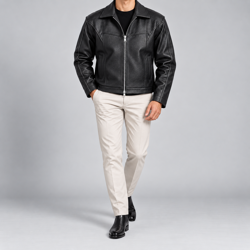 Men’s Black Leather Panelled Jacket Classic Zip-Up Smart Casual Coat