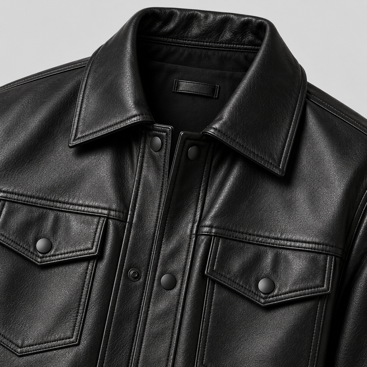 Men's Black Leather Snap-Front Overshirt Relaxed Fit Leather Jacket
