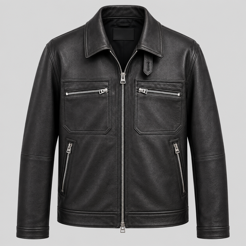 Men’s Black Leather Field Jacket Smart Casual Zip-Up Coat