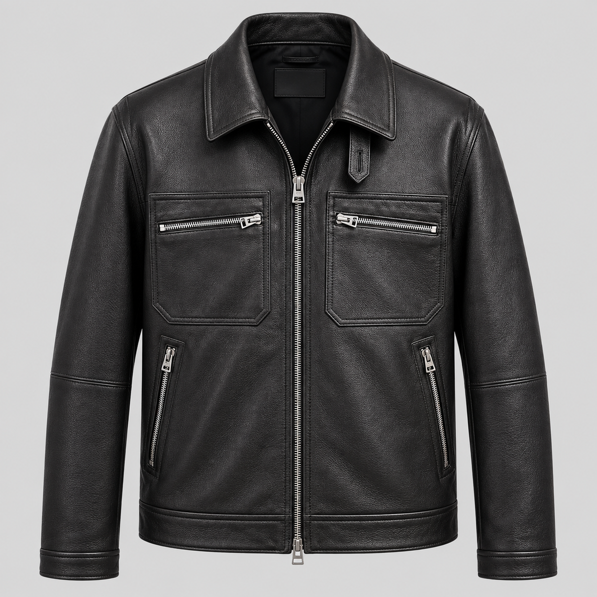 Men’s Black Leather Field Jacket Smart Casual Zip-Up Coat