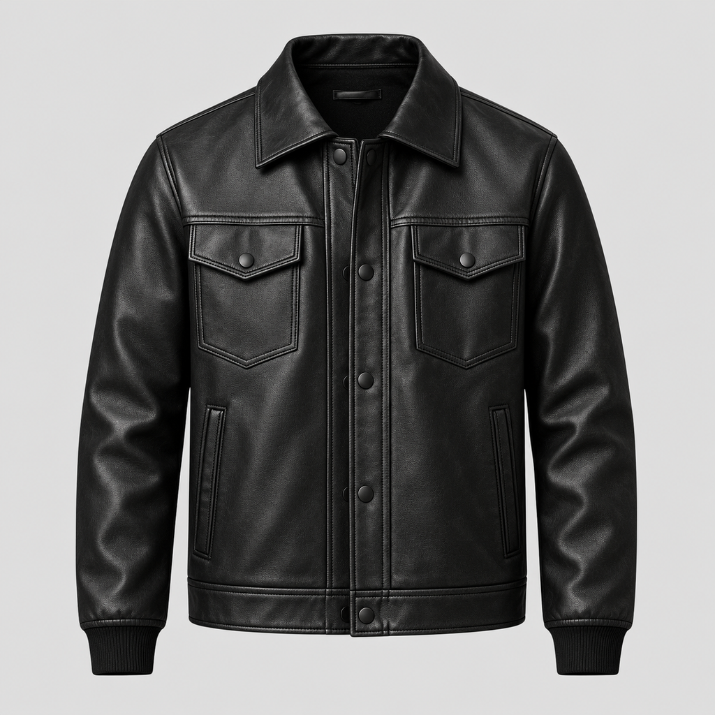 Men's Black Leather Snap-Front Overshirt Relaxed Fit Leather Jacket