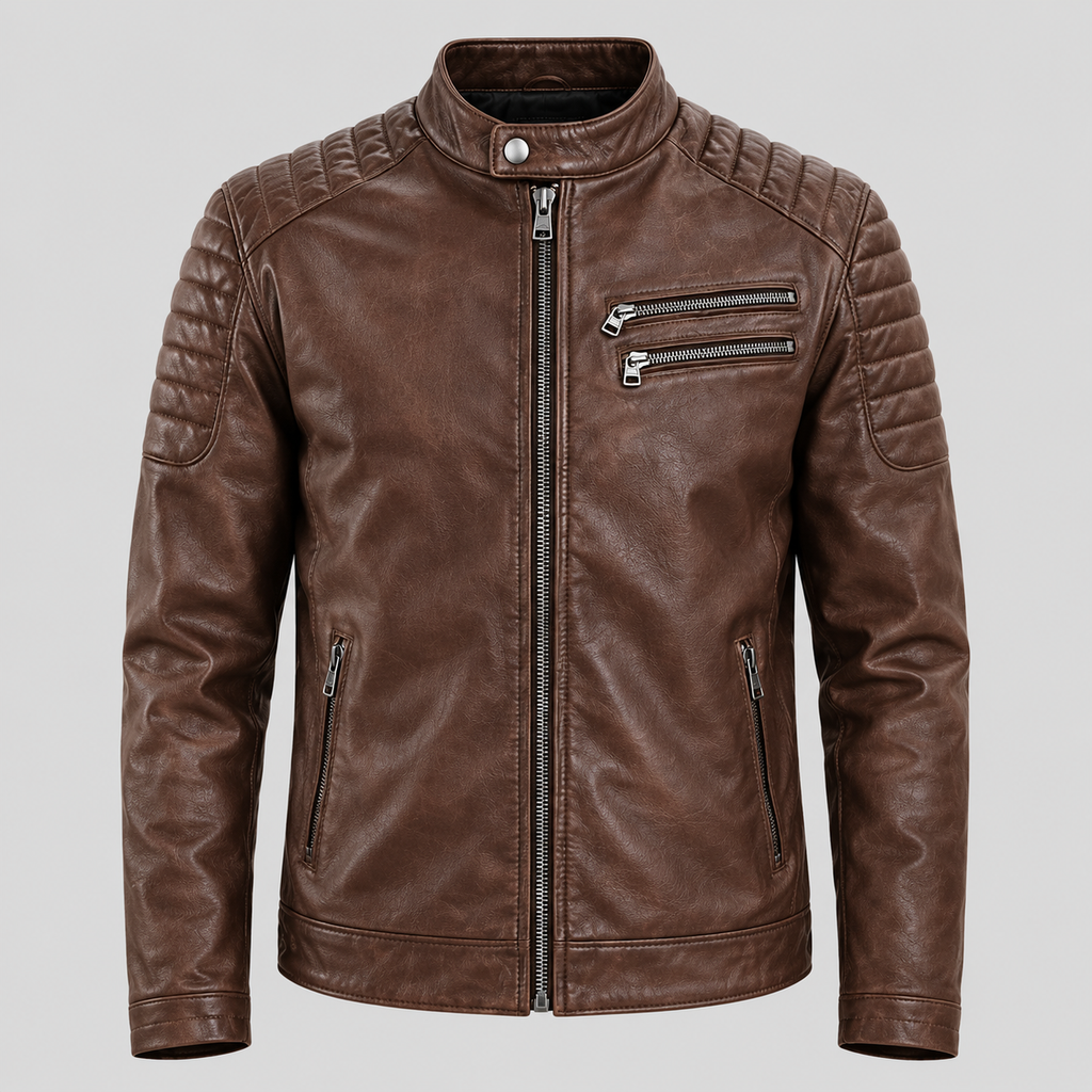 Men's Brown Leather Biker Jacket Slim Fit Quilted Moto Coat
