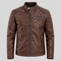 Men's Brown Leather Biker Jacket Slim Fit Quilted Moto Coat