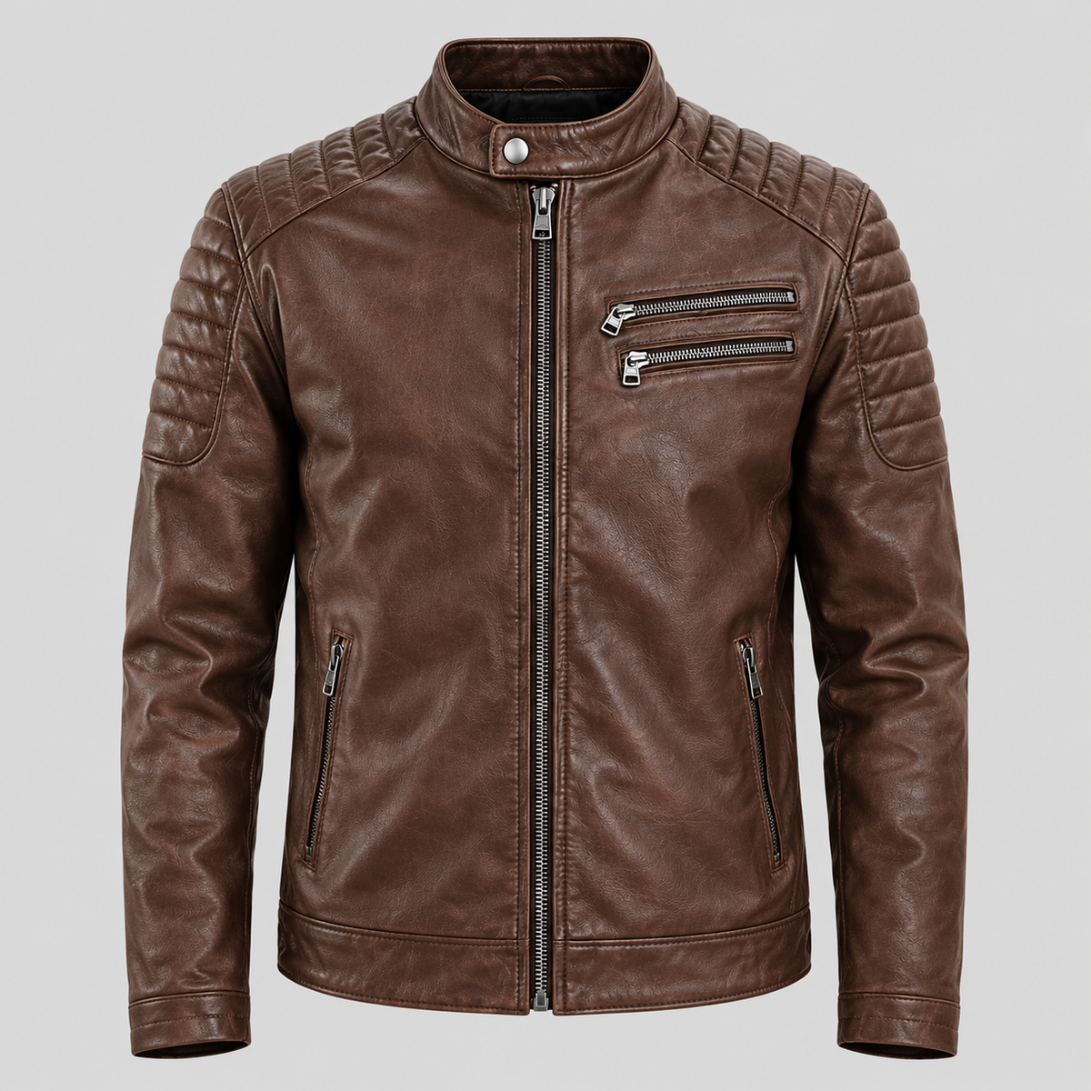 Men's Brown Leather Biker Jacket Slim Fit Quilted Moto Coat