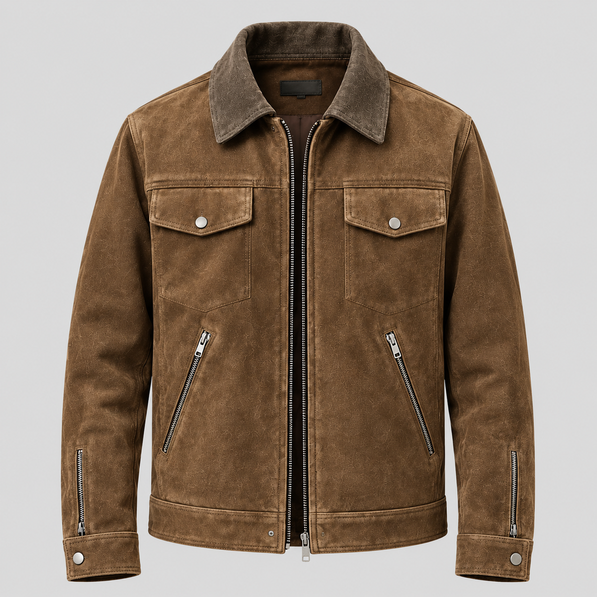 Men's Brown Suede Zip-Front Overshirt Relaxed Fit Leather Jacket