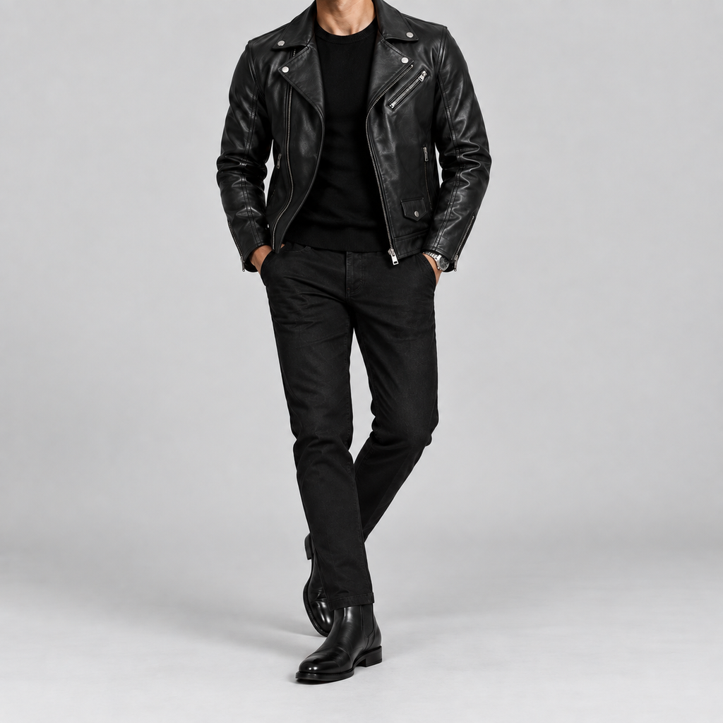 Men’s Black Leather Biker Jacket Slim Fit Zip-Up Moto Jacket