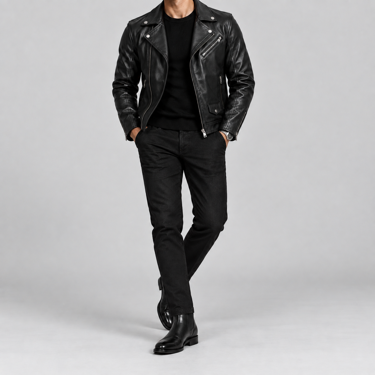 Men’s Black Leather Biker Jacket Slim Fit Zip-Up Moto Jacket