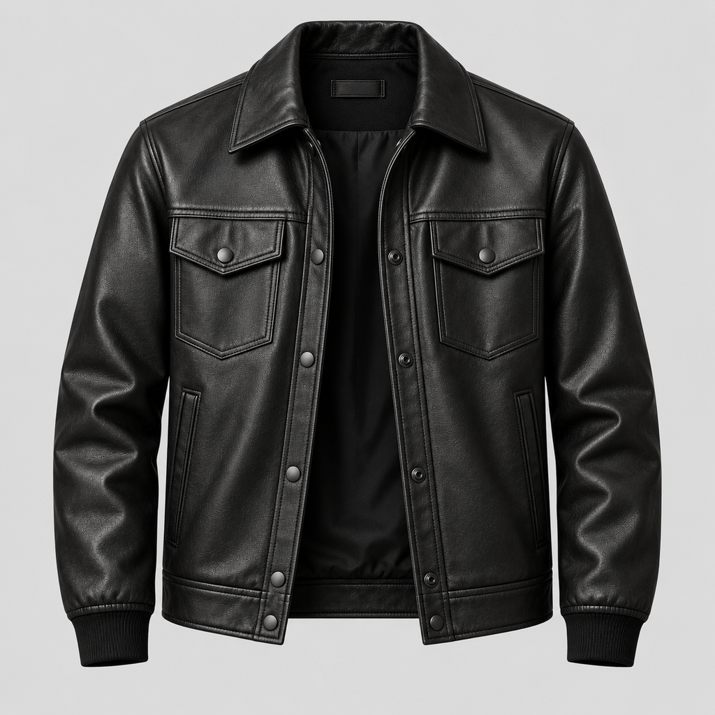 Men's Black Leather Snap-Front Overshirt Relaxed Fit Leather Jacket