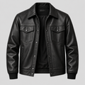 Men's Black Leather Snap-Front Overshirt Relaxed Fit Leather Jacket