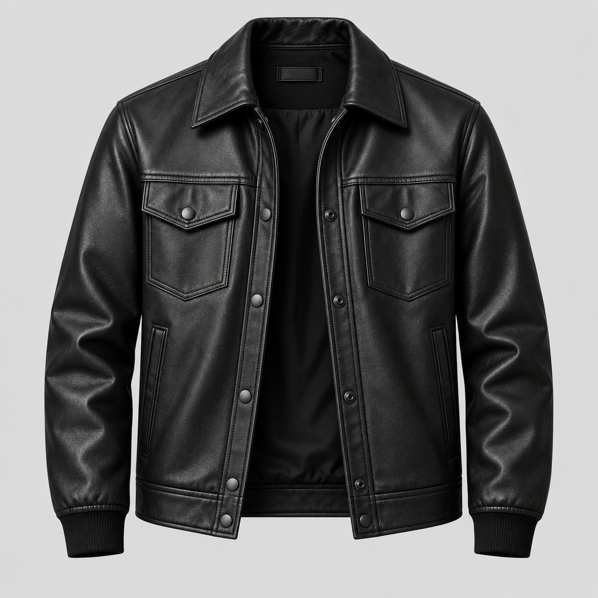 Men's Black Leather Snap-Front Overshirt Relaxed Fit Leather Jacket