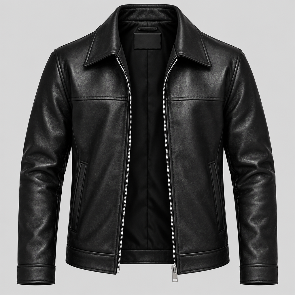 Men's Black Leather Yoke Jacket Sleek Zip-Up Real Leather Coat