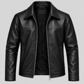 Men's Black Leather Yoke Jacket Sleek Zip-Up Real Leather Coat