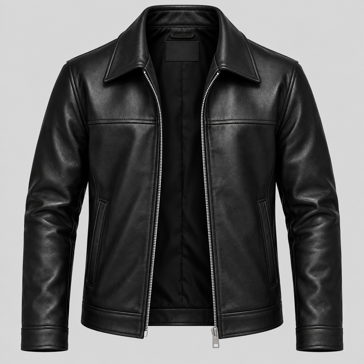 Men's Black Leather Yoke Jacket Sleek Zip-Up Real Leather Coat