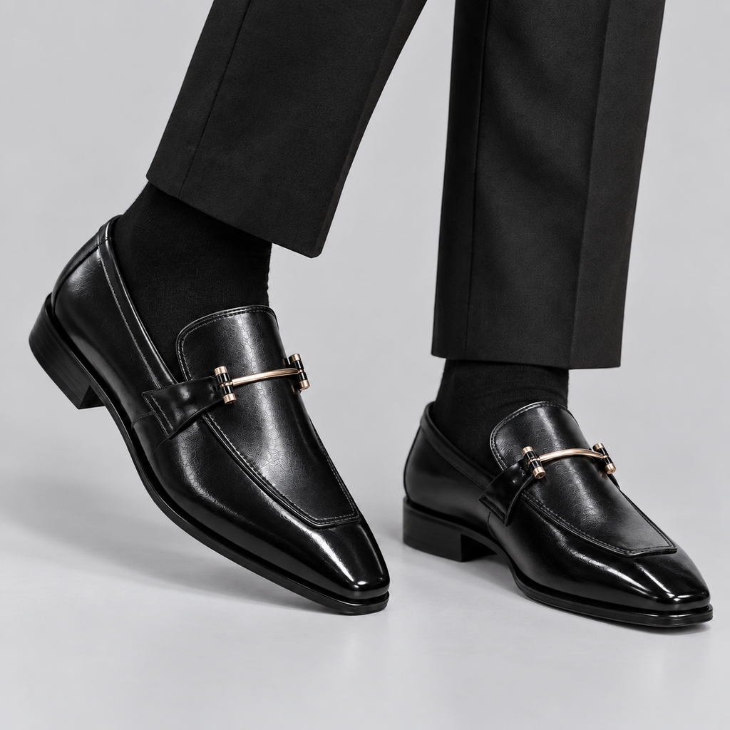 Men’s Black Leather Horsebit Loafers – Sleek Italian-Style Metal Bar
