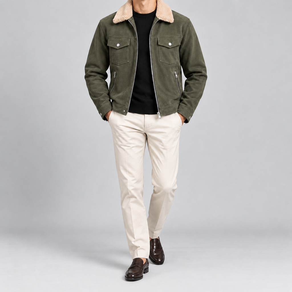 Men’s Olive Green Suede-Style Sherpa Collar Jacket Zip-Up Trucker Jacket