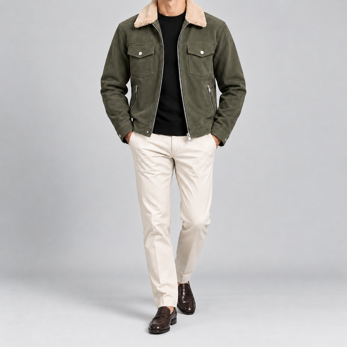 Men’s Olive Green Suede-Style Sherpa Collar Jacket Zip-Up Trucker Jacket