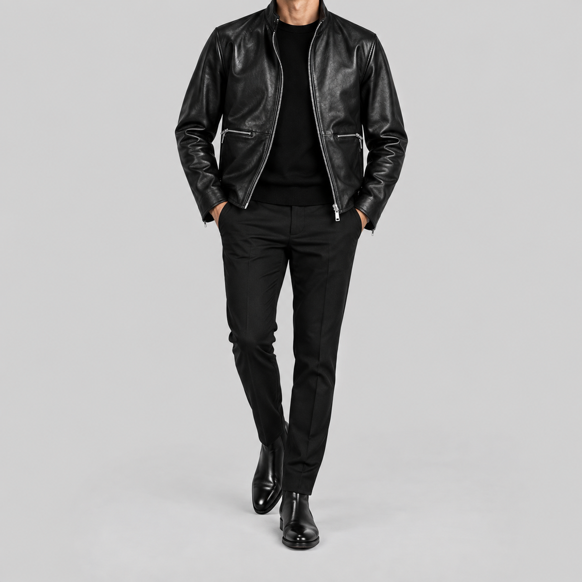 Men’s Black Leather Stand-Collar Jacket – Sleek Zip-Front Style
