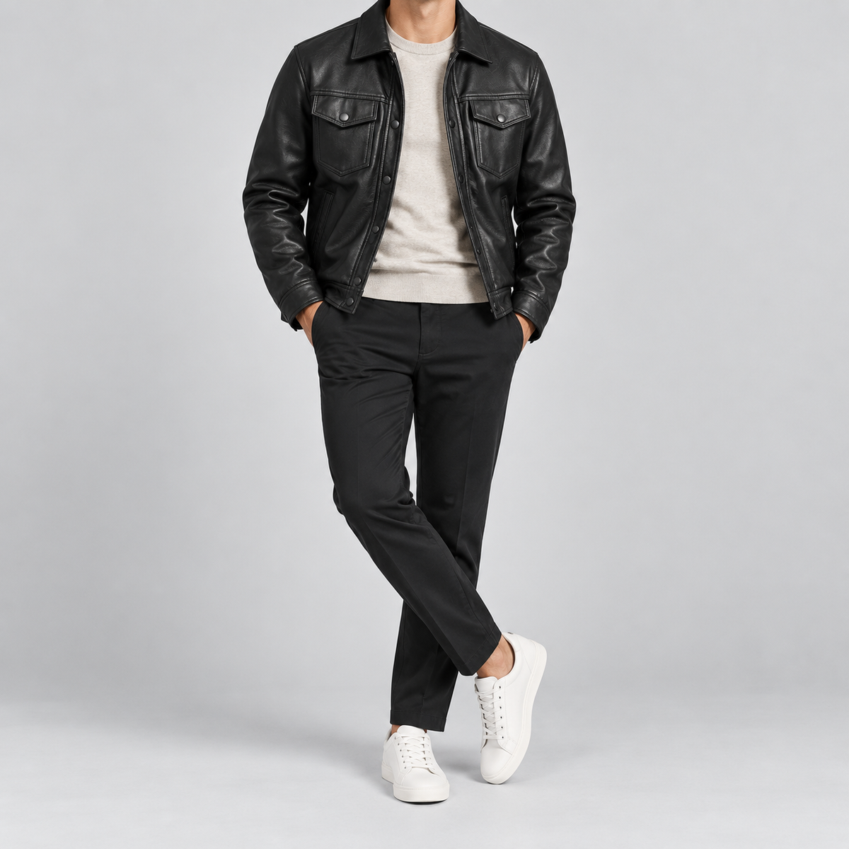 Men's Black Leather Snap-Front Overshirt Relaxed Fit Leather Jacket