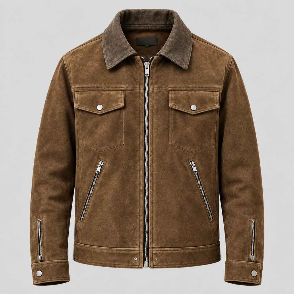 Men's Brown Suede Zip-Front Overshirt Relaxed Fit Leather Jacket