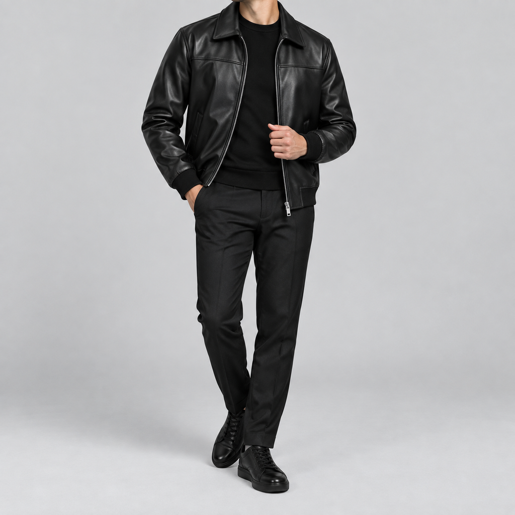 Men’s Black Leather Blouson Jacket Classic Zip-Front Bomber