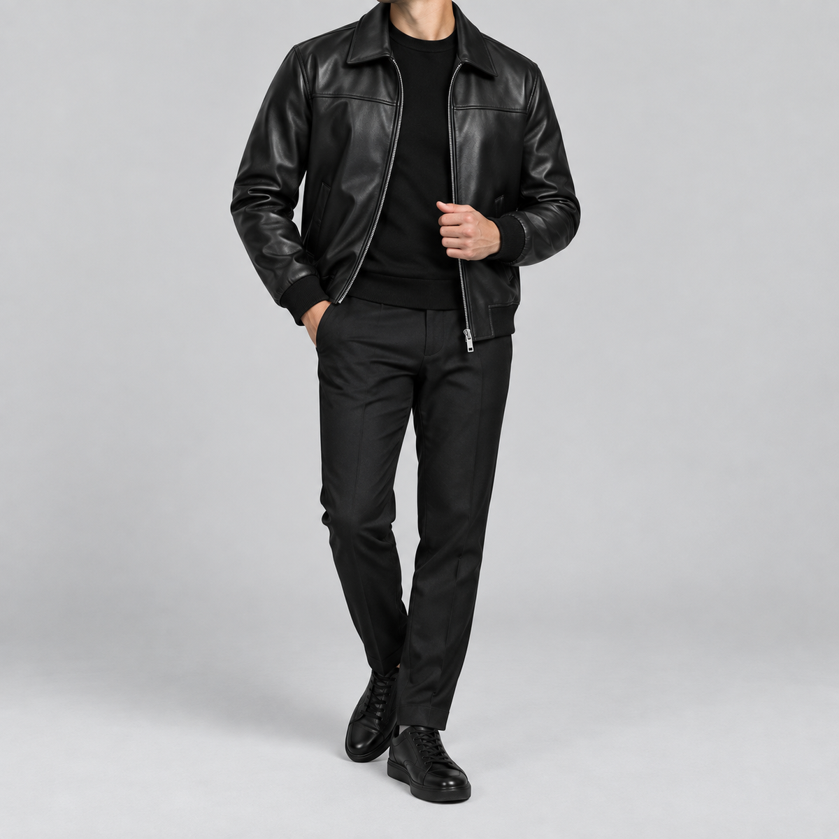 Men’s Black Leather Blouson Jacket Classic Zip-Front Bomber
