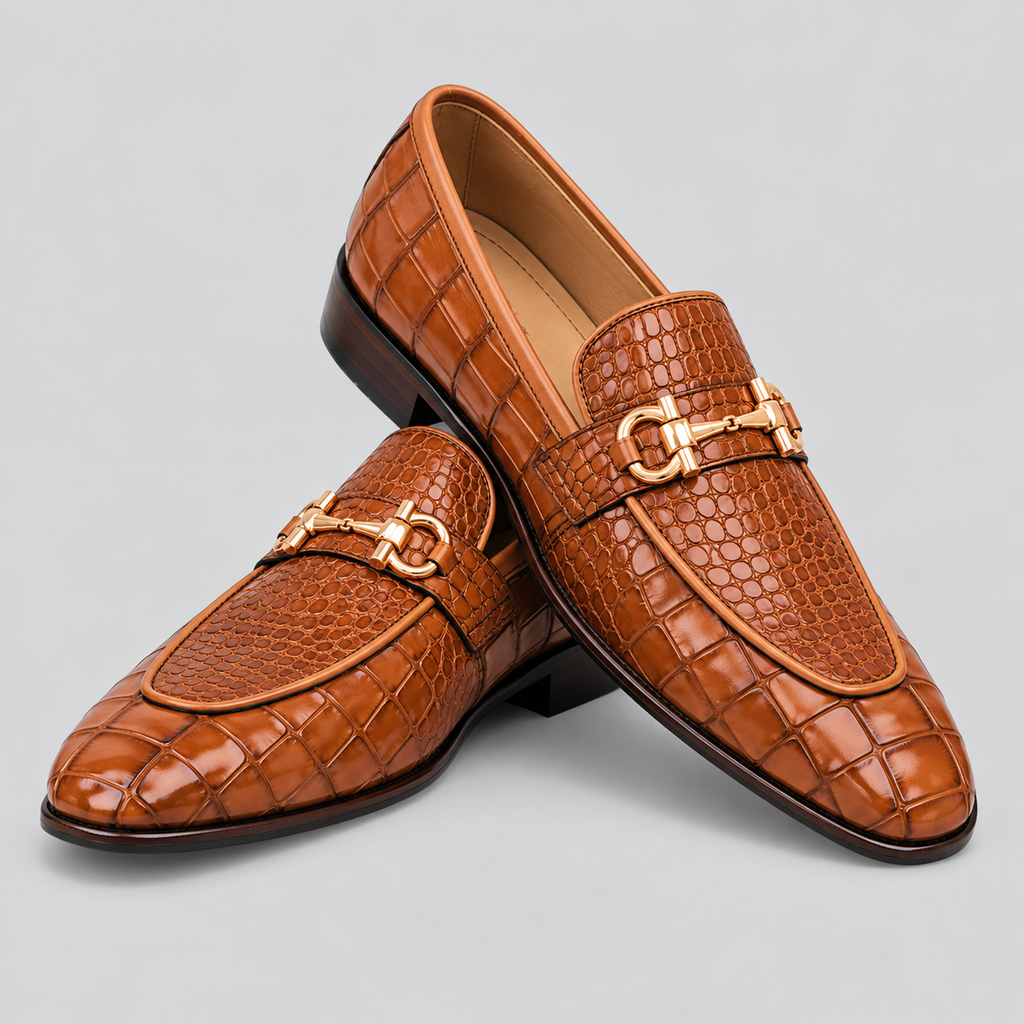 Classic Men's Cognac Brown Croc-Embossed Dress Loafers