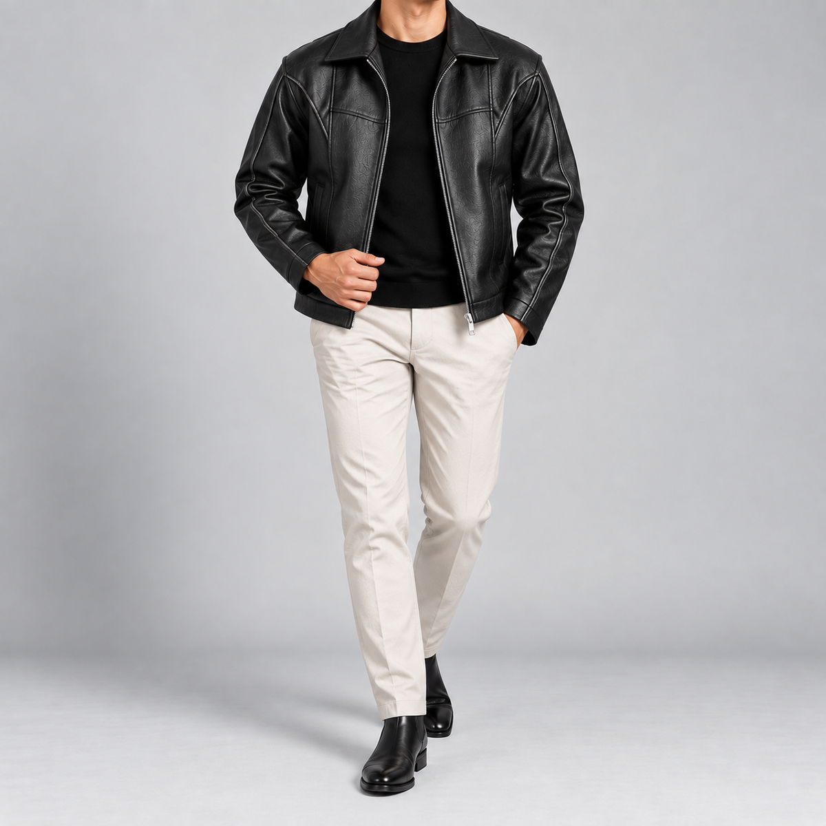 Men’s Black Leather Panelled Jacket Classic Zip-Up Smart Casual Coat