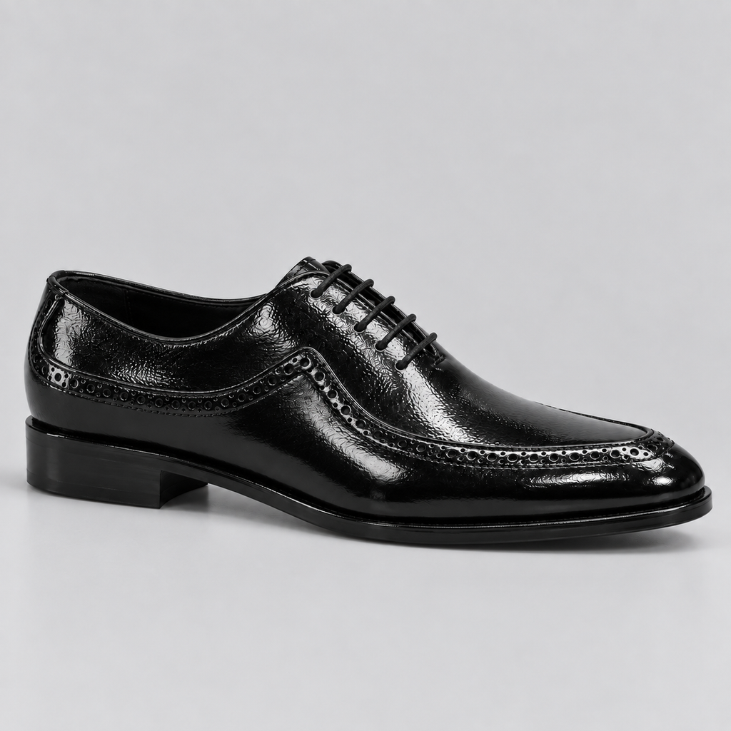 Men’s Black Glossy Leather Brogue Wingtip Oxford Shoes
