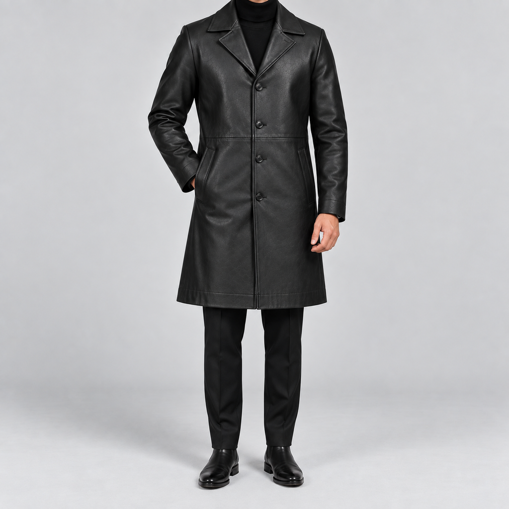 Men’s Black Leather Longline Car Coat Tailored Button-Front