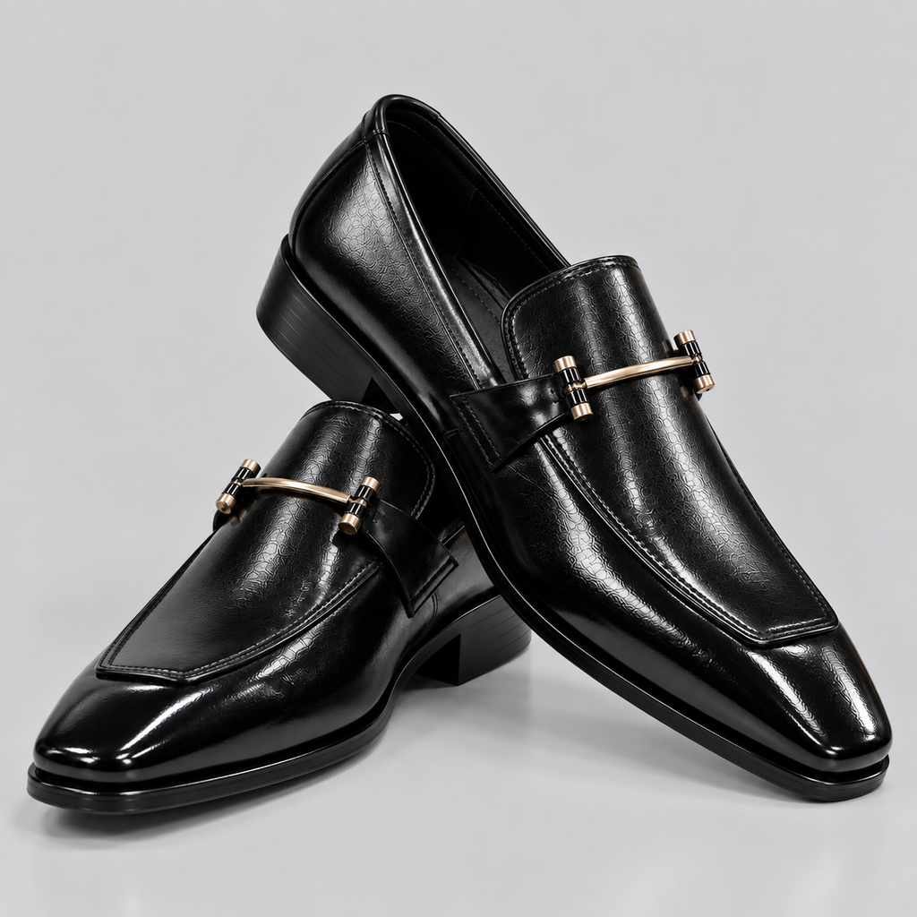 Men’s Black Leather Horsebit Loafers – Sleek Italian-Style Metal Bar
