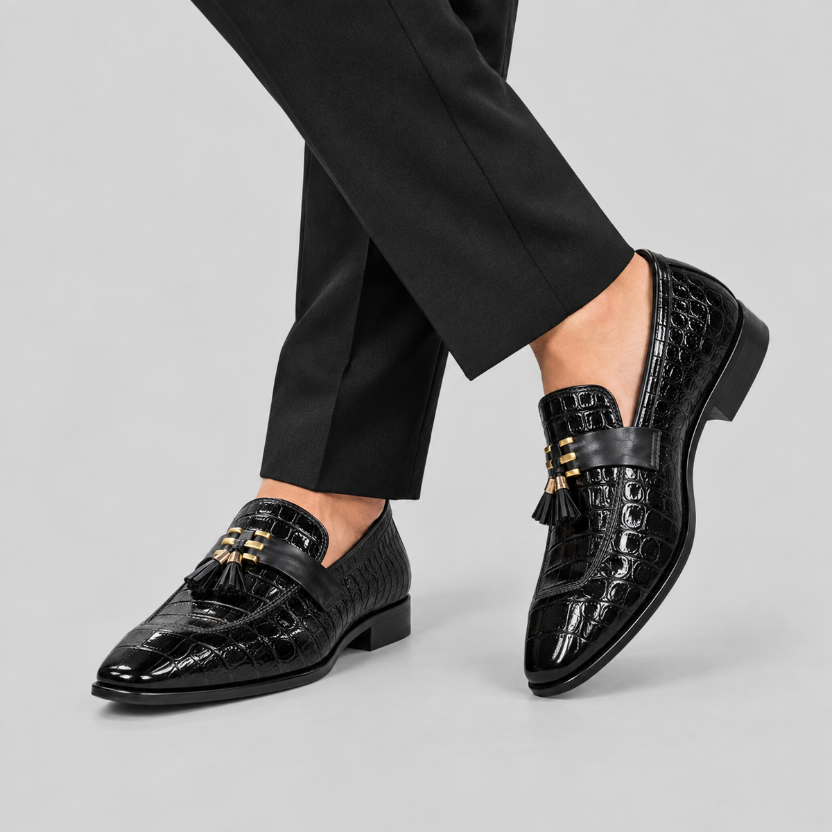 Classic Men's Italian Leather Crocodile Pattern Tassel Loafers