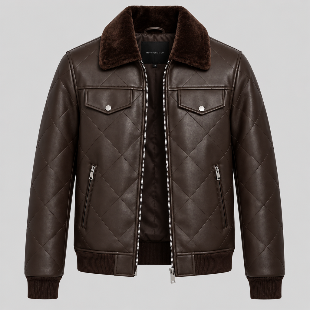 Men’s Brown Diamond Quilted Leather Bomber Jacket