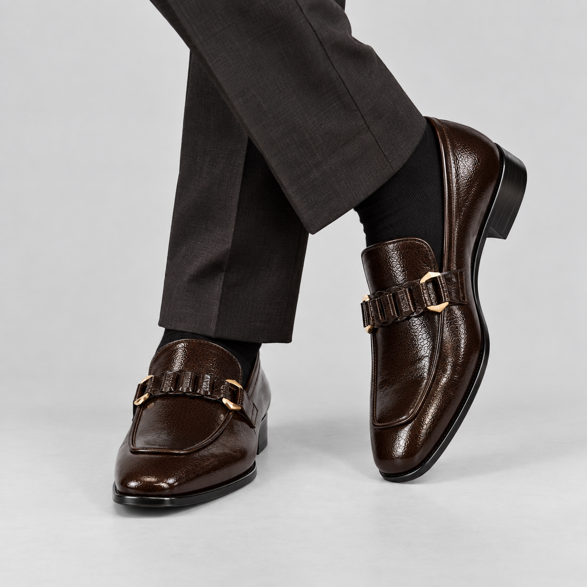 Classic Dark Brown Italian Textured Leather Loafers