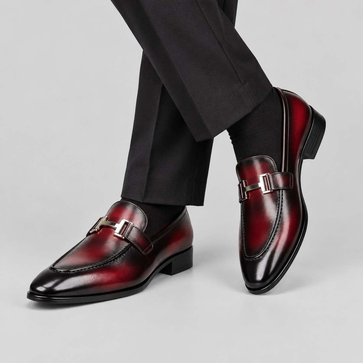 Men's Burgundy & Black Burnished Leather Horsebit Loafers